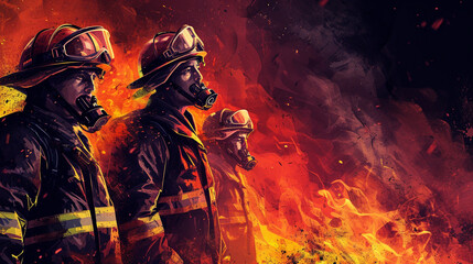 Wall Mural - Group of professional firefighters wearing full equipment, oxygen masks, and emergency rescue tools,emergency workers illustration