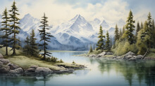 Majestic Mountain Scenery In Watercolor Art, Serene Watercolor Forest Landscape With Pine Trees, Lake And Snow On Mountains.