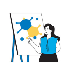 Leinwandbilder - Science laboratory concept with cartoon people in flat design for web. Scientist making presentation report with molecular structure. Vector illustration for social media banner, marketing material.