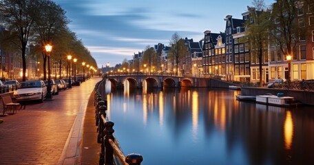 View to town canal by evening twilight