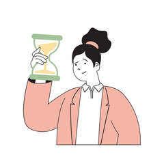 Wall Mural - Time management concept with cartoon people in flat design for web. Woman holds hourglass and organizes efficiency work at company. Vector illustration for social media banner, marketing material.