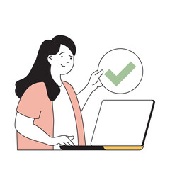 Poster - time management concept with cartoon people in flat design for web. woman working online at laptop a