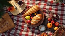 Flat Lay Flat Composition With A Picnic Set: Basket, Fruits, Bread