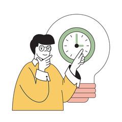 Wall Mural - Time management concept with cartoon people in flat design for web. Man works with countdown to deadline and brainstorming solutions. Vector illustration for social media banner, marketing material.