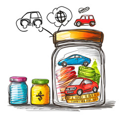 Wall Mural - Savings jar labeled for a specific goal (vacation, car, etc.). isolated on white background, doodle style, png
