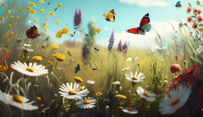 Wall Mural - A field of wildflowers with butterflies and flowers