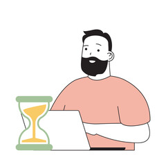 Wall Mural - Time management concept with cartoon people in flat design for web. Man working at laptop and controlling workflow with hourglass. Vector illustration for social media banner, marketing material.
