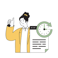 Wall Mural - Time management concept with cartoon people in flat design for web. Woman doing paperwork and works with document with countdown clock. Vector illustration for social media banner, marketing material.