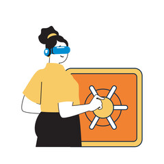 Aufkleber - Virtual reality concept with cartoon people in flat design for web. Woman in VR headset using online bank system simulation with safe. Vector illustration for social media banner, marketing material.