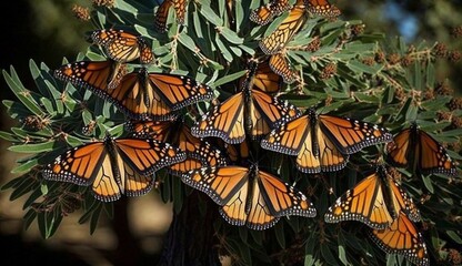 Wall Mural - A group of monarch butterflies resting on the leaves