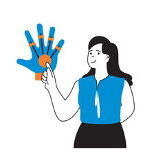 Aufkleber - Virtual reality concept with cartoon people in flat design for web. Woman using hand glove with gesture recognition augmented reality. Vector illustration for social media banner, marketing material.