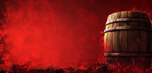 A Classic Wine Barrel Against A Deep Red Grunge Background, Rich In Texture.