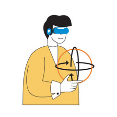 Aufkleber - Virtual reality concept with cartoon people in flat design for web. Man in VR headset interacting with 360 degrees arrow rotate around. Vector illustration for social media banner, marketing material.