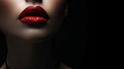 Wall Mural - The woman's lush and pouting red lips like a kiss on a black background.    