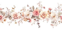 A Panoramic Watercolor Illustration Featuring A Seamless Border Of Pastel Flowers And Dark Foliage, Perfect For Wallpapers And Textile Design..