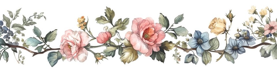 A panoramic watercolor painting of a delicate floral garland, featuring roses and wildflowers in soft pastel hues
