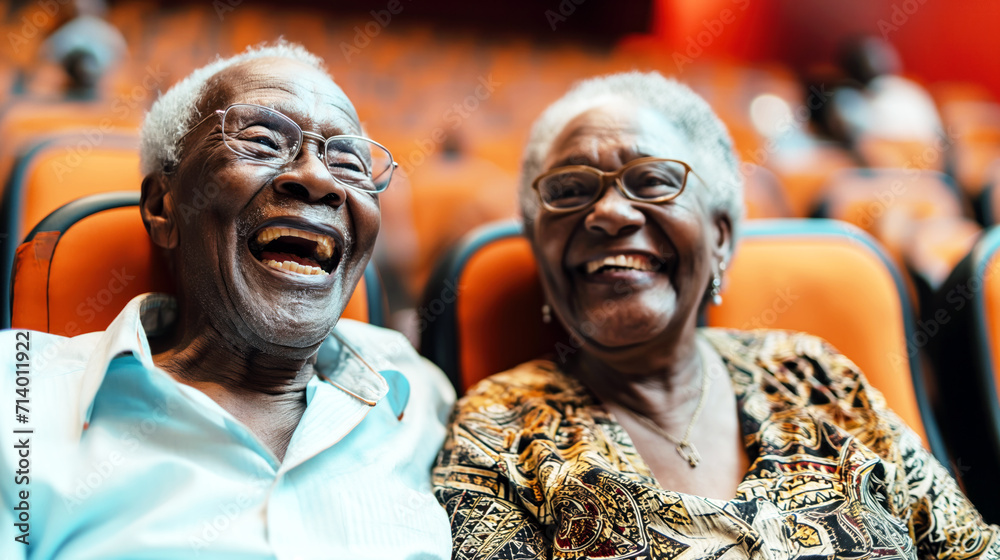 An elderly couple is sitting in a movie theater and happily watching a ...