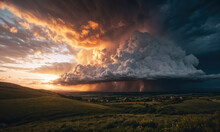 Massive Cloud Looms Over A Green Landscape, With Lightning Striking Beneath It
