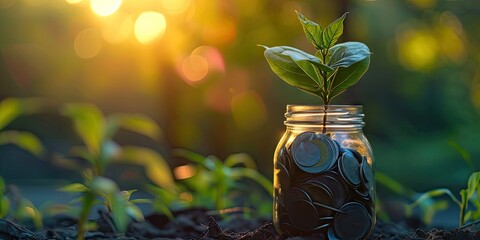 Wall Mural - Growth concept with coins and plant symbolizing invest finance business money tree showing economy financial banking success leaf profit savings green nature in jar for retirement income economic