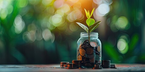 Wall Mural - Growth concept with coins and plant symbolizing invest finance business money tree showing economy financial banking success leaf profit savings green nature in jar for retirement income economic