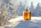 Fototapeta  - Chilled Chic: Snowy Backdrop for Brown Perfume Flask