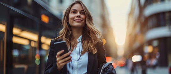 Young businesswoman commuting in the city, holding smartphone and looking away. Cheerful, listening to music on the way to the office.