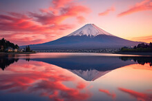 水面に映る富士山と朝焼けに染まる空