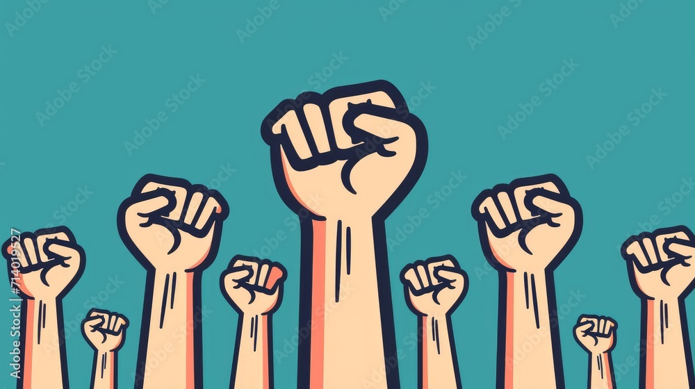 Arms raised up with fist hands closed. Vector thin line icon for ...