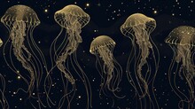 Dark Luxury Art Background With Hand Drawn Jellyfish In Gold Art Line Style. Minimalistic Banner With Marine Life For Decoration, Wallpaper, Print, Textile, Interior Design, Packaging