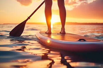 Wall Mural - Summer sport adventure with young woman surfing in sea travel water paddle lifestyle nature person on surfboard ocean vacation sunset recreation fit and sunny sunlight holiday sunrise outdoor beach
