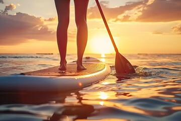 Canvas Print - Summer sport adventure with young woman surfing in sea travel water paddle lifestyle nature person on surfboard ocean vacation sunset recreation fit and sunny sunlight holiday sunrise outdoor beach
