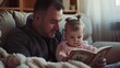 © pinkrabbit - Happy father relax and read book with baby time together at home. parent sit on sofa with daughter and reading a story. learn development, childcare, laughing, education, storytelling, practice.