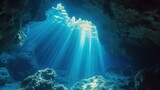 Fototapeta Do akwarium - Underwater photo of magic sunlight inside a cave. From a scuba dive in the Red sea in Egypt