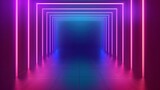 Fototapeta Do przedpokoju - Abstract background with neon lines tunnel.Dark studio with bright blue, red, pink, and white neon lights,