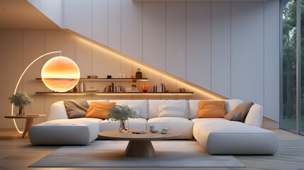 Modern minimalist interior design, white room, living room, Natural Lighting.