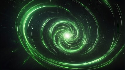 Wall Mural - Spinning spiral vortex of neon green light streaks and particles, technology and sci-fi ad concept from Generative AI
