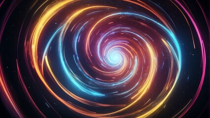 Wall Mural - Spinning spiral vortex of neon colorful light streaks and particles, technology and sci-fi ad concept from Generative AI
