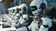 Robots in call center working as operators answering customer calls. RPA automation
