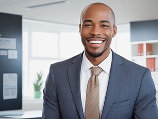 African American happy businessman smiling in office background	