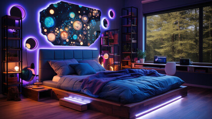 Wall Mural - Modern teens room at night, interior with purple neon and led light. Luxury home design for child with space theme. Concept of teenage bedroom, cozy house, glow, science