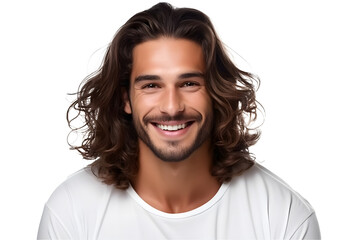 Wall Mural - a closeup photo portrait of a handsome latino man smiling with clean teeth. for a dental ad. guy with long stylish hair and beard with strong jawline. isolated on white background.