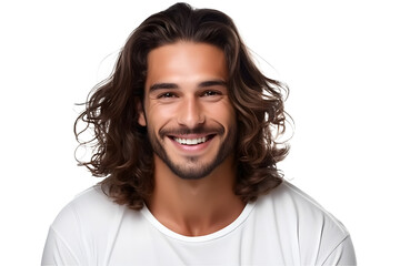 Canvas Print - a closeup photo portrait of a handsome latino man smiling with clean teeth. for a dental ad. guy with long stylish hair and beard with strong jawline. isolated on white background.