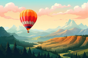 Wall Mural - Colorful Hot Air Balloon Flying over Mountain Landscape