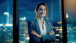 Elegant Business Woman Standing in Front of the Window Against the Backdrop of the Night Megalopolis - Corporate Portrait
