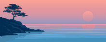 Silhouette Of A Tree On The Coastal Rocks Against The Backdrop Of Calm Sea Waters And An Amazing Sunset. Beautiful Panoramic Seascape. Summer Beach Landscape. Vector Illustration For Design.