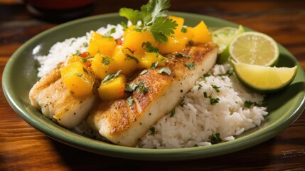 Sticker - Caribbean Culinary Flavors: The Tropical Delight of Pescado con Coco, a Dominican Coconut Fish Stew, Beautifully Presented with Rice and Garnished with Fresh Herbs for a Culinary Masterpiece.