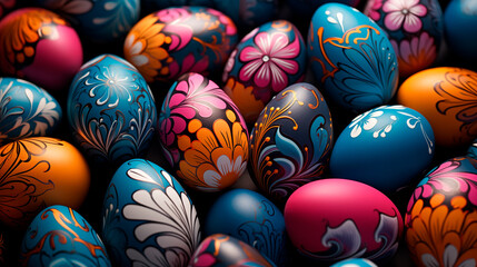 Hand painted colorful stacked easter eggs wallpaper. Generative AI