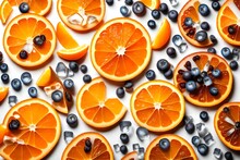 Orange Slices With Ice Cubes And Blueberries On White Background