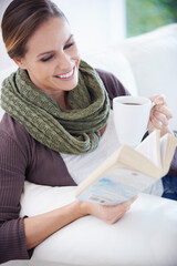 Poster - Happy woman, coffee and reading book on sofa to relax for story, novel and hobby in living room at home. Lady, fiction books and drinking cup of tea for literature, knowledge and rest to enjoy break