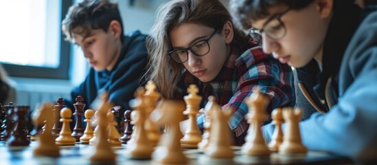 Students playing chess in a classroom, solving problems and competing, often in a group with strategy and skill.